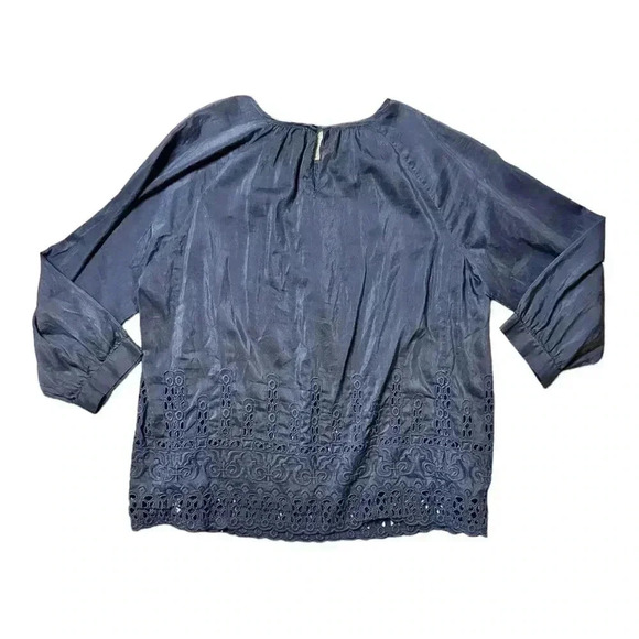 Madewell | Eyelet-Edge Shirred Silk Blouse Navy Size Small - Picture 4 of 5